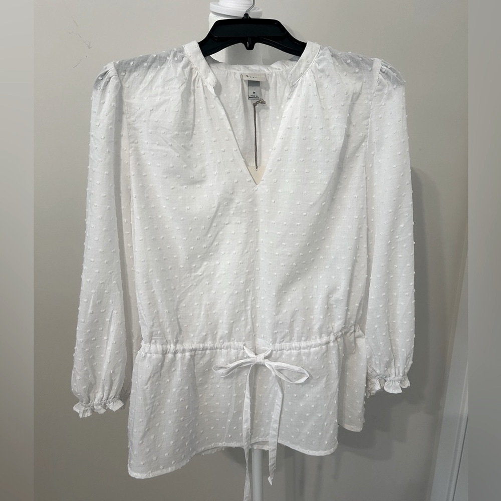 A New Day White Swiss Dot V Neck Drawstring Blouse Womens sz M NWT